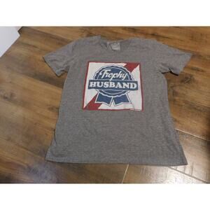 Mens T-Shirt V-Neck "Trophy Husband" Chest Print Gray Large